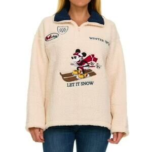 Sz Med DISNEY Cream Mickey Mouse Skiing Cloud Sherpa Fleece 1/4 Zip Jackets